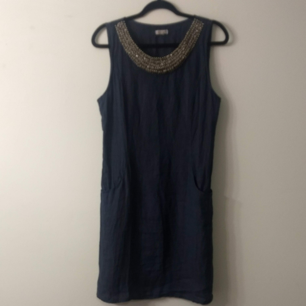 Lina Tomei Beaded Linen Dress with pockets, Size Medium